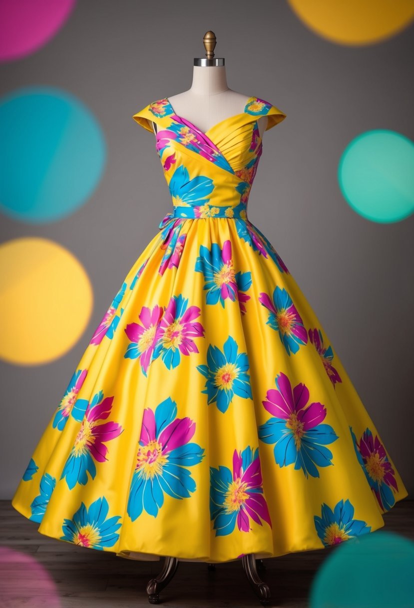 A vibrant 50s-style wedding dress with a full skirt, cinched waist, and colorful floral patterns, paired with retro accessories