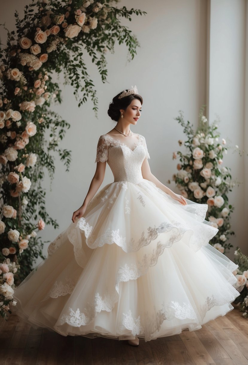 A princess twirls in a 50s style wedding dress, adorned with layers of tulle and delicate lace, surrounded by vintage floral decor