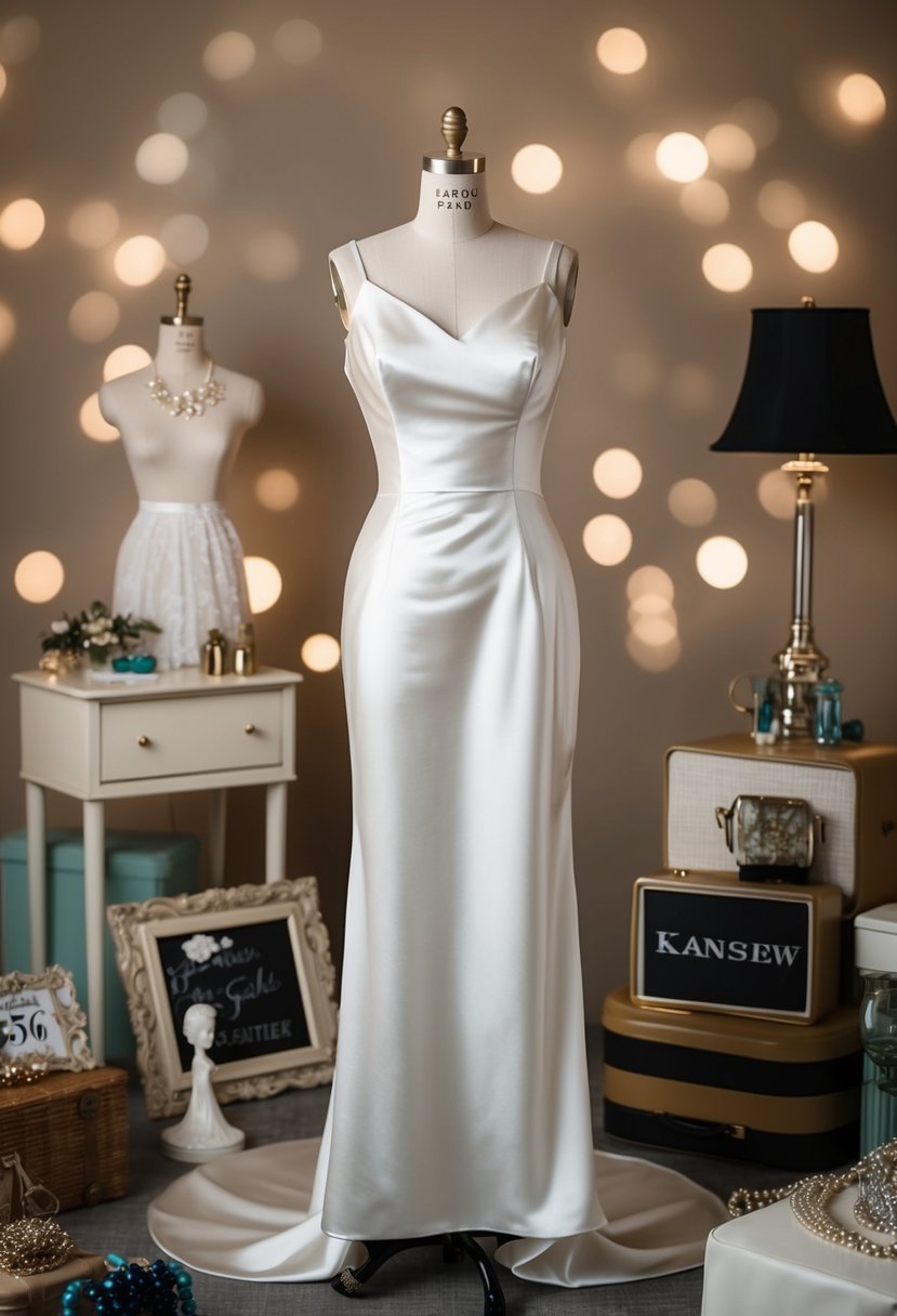 A sleek satin sheath wedding dress on a vintage mannequin, surrounded by 50s style accessories and decor