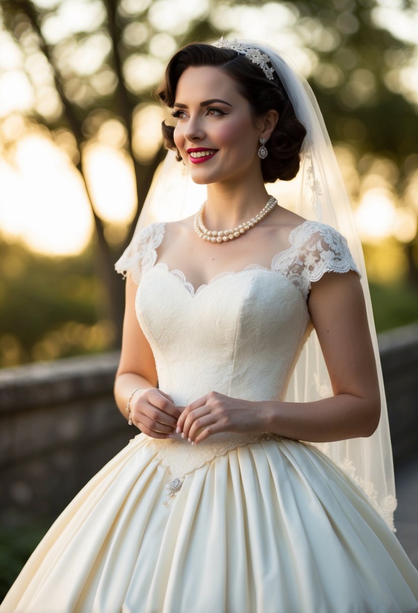 A bride in a vintage 50s-style wedding dress with a full skirt and a fitted bodice, adorned with lace, pearls, and a small veil