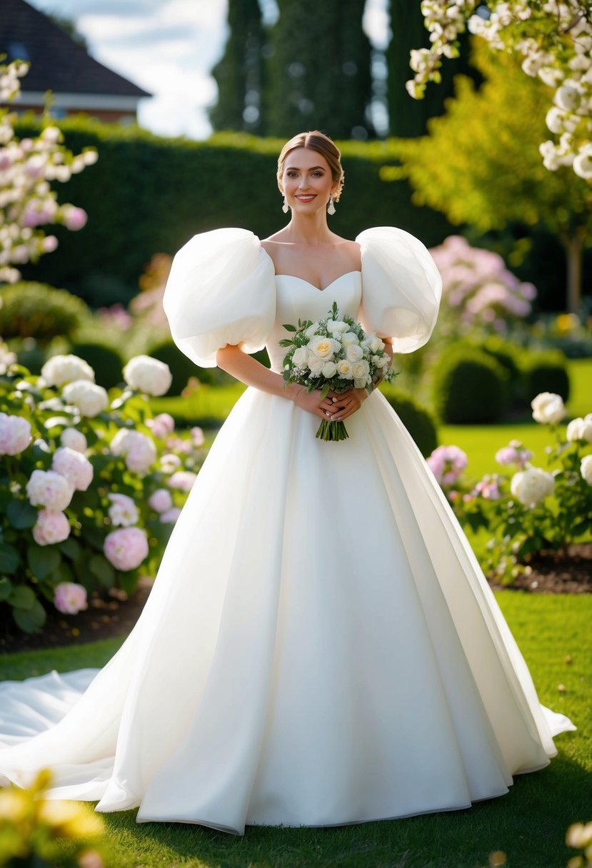 A bride in a voluminous wedding dress with puffy sleeves, standing in a lush garden surrounded by blooming flowers and greenery