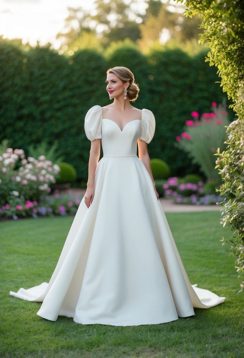 An A-line gown with puff sleeves in a romantic garden setting