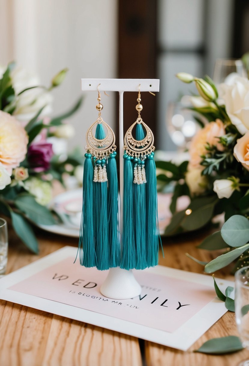 A table with bohemian tassel drop earrings surrounded by wedding decor and flowers