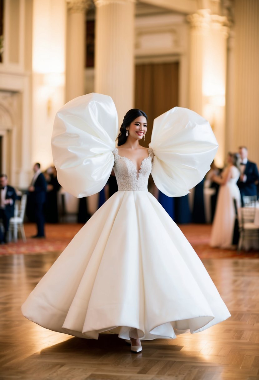 A bride stands in a grand ballroom, her dramatic balloon sleeves billowing out as she twirls in her puffy sleeves wedding dress