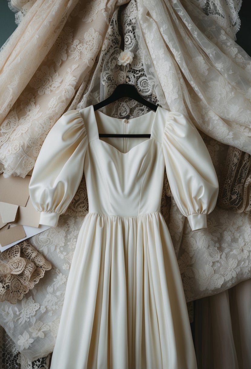 A vintage-inspired puff sleeve gown hangs on a mannequin, surrounded by lace and tulle fabric swatches