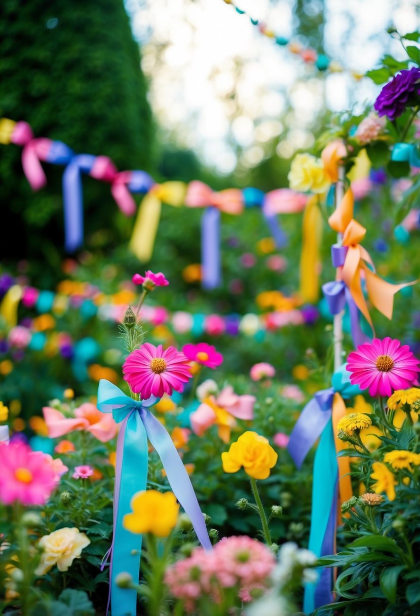 A garden adorned with colorful ribbons and flowers, with a whimsical, fairy-tale-like atmosphere