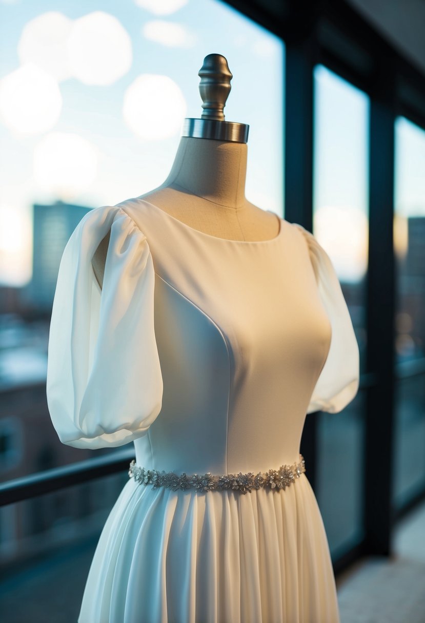 A modern puff sleeve chiffon wedding dress on a mannequin