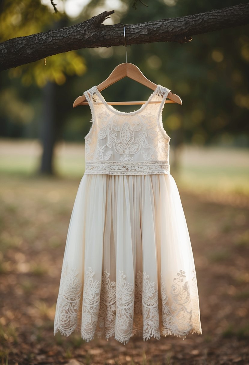 A bohemian lace flower girl dress hangs from a tree branch in a rustic outdoor setting