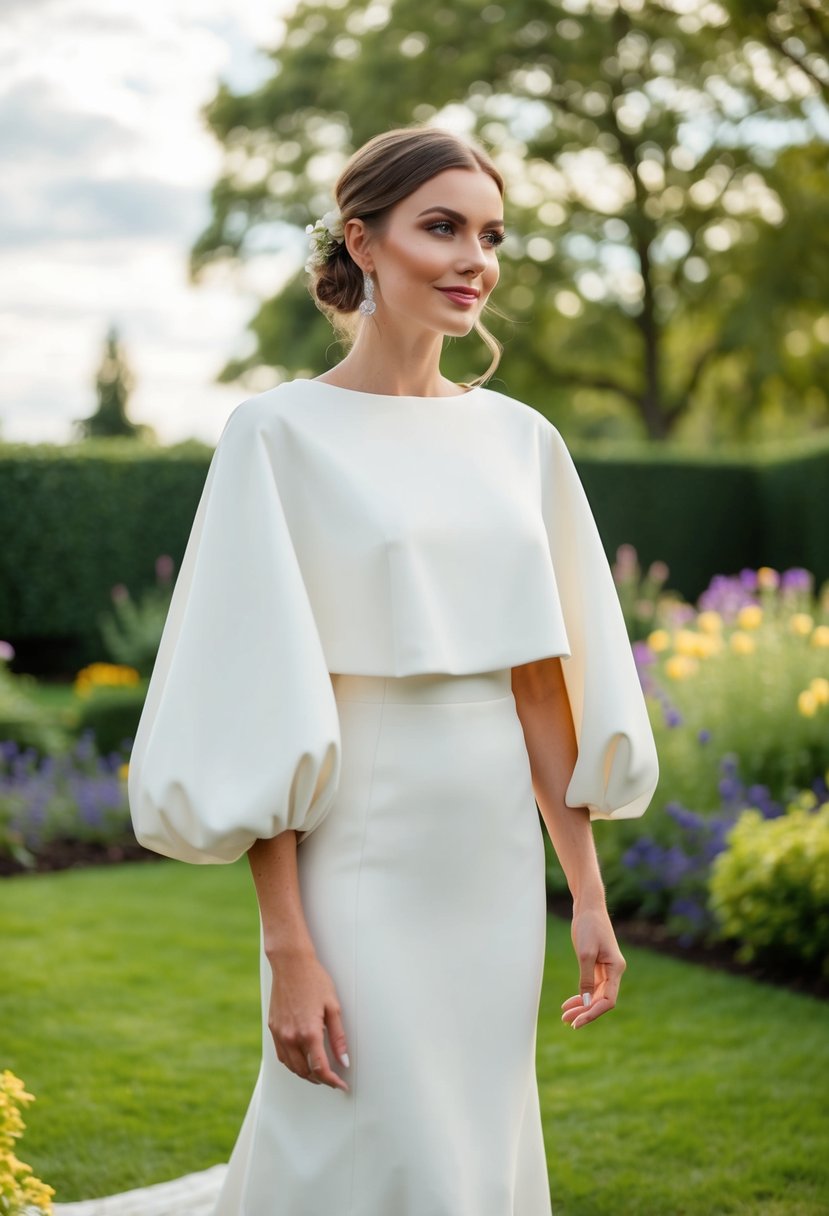 A bride wearing a removable puff sleeve cape dress, standing in a garden with puffy sleeves billowing in the wind