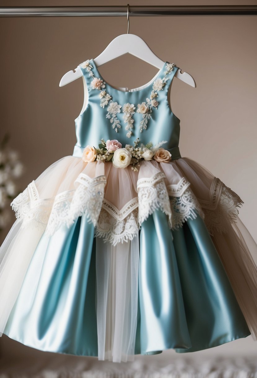 A child's A-line dress with layers of tulle and satin, adorned with delicate lace and floral embellishments, hanging on a dress form