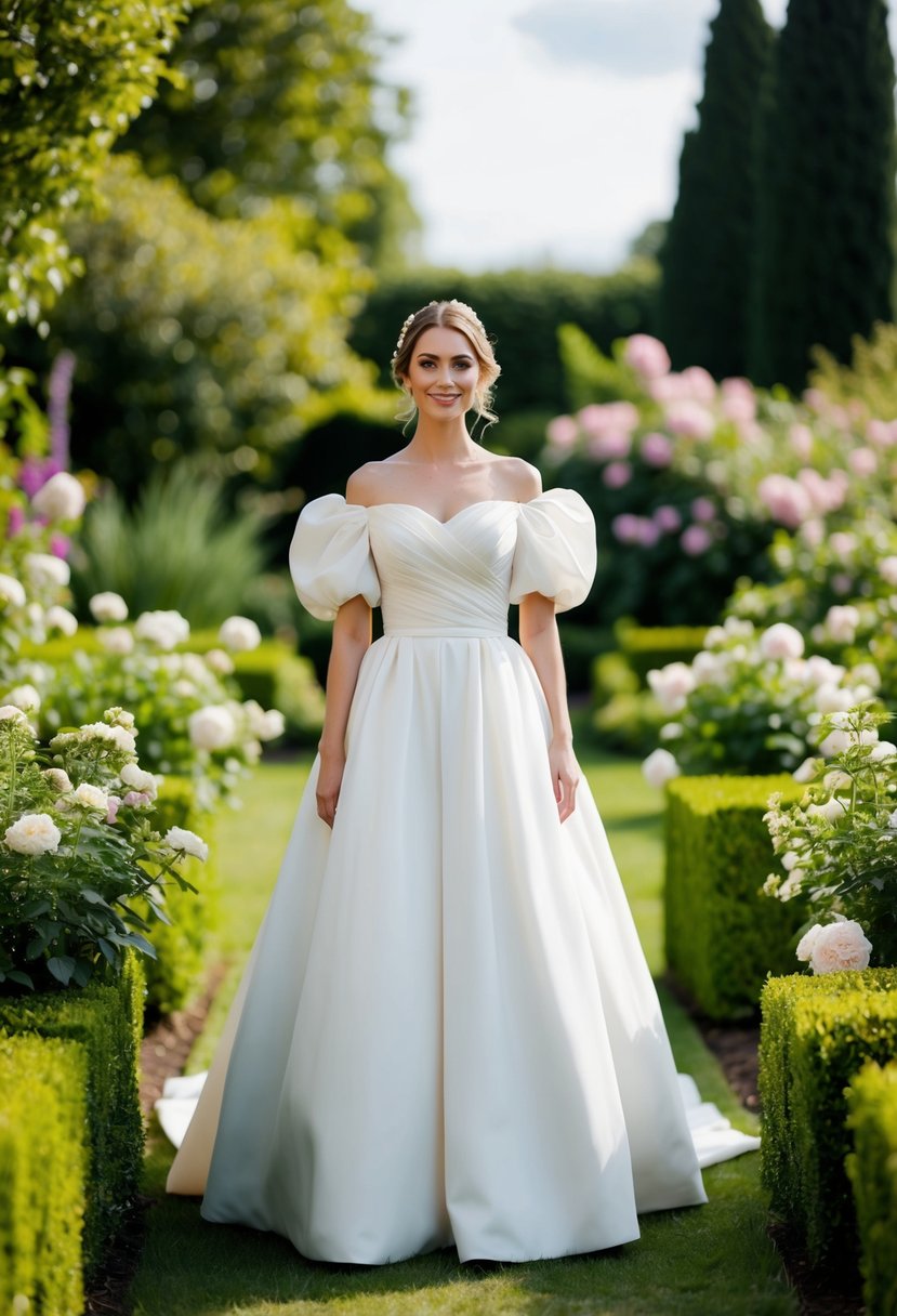 A bride standing in a lush garden, wearing a romantic off-shoulder puff dress with puffy sleeves, surrounded by blooming flowers and greenery