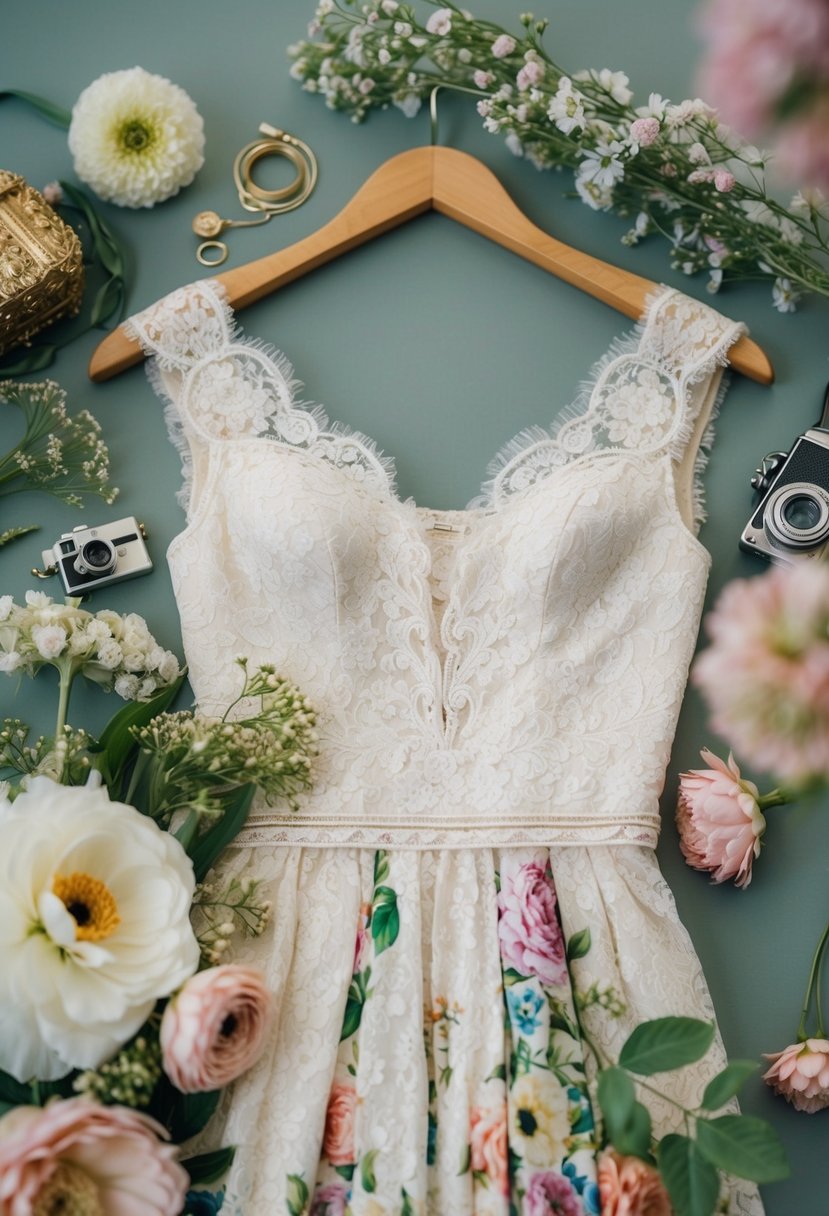 A vintage floral lace dress hangs on a hanger, surrounded by delicate flowers and vintage accessories