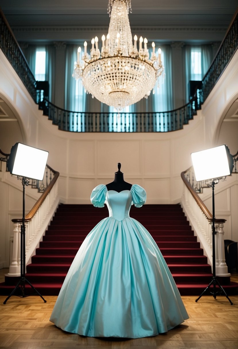 A grand ballroom with a chandelier, a grand staircase, and a spotlight on a mannequin wearing a classic ballgown with puff sleeves