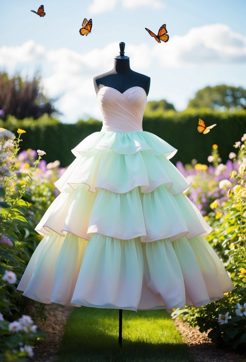 A pastel-colored tiered gown floats in a sunlit garden, surrounded by blooming flowers and fluttering butterflies