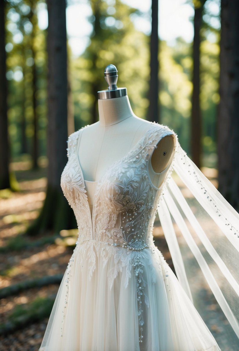 A flowing, ethereal wedding dress adorned with delicate lace and shimmering beads, set against a backdrop of a sunlit forest clearing