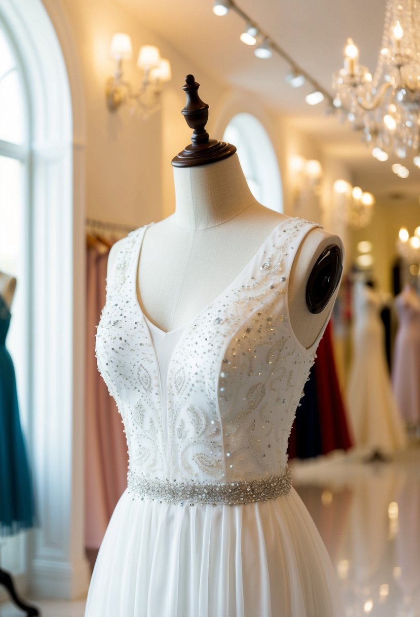 A white sleeveless party dress adorned with delicate lace and sparkly embellishments, displayed on a mannequin in a bright and elegant showroom