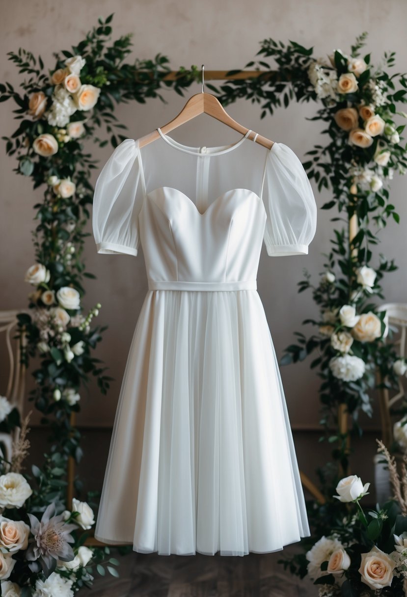 A sheer short puff sleeve dress on a hanger, surrounded by wedding decor and floral arrangements