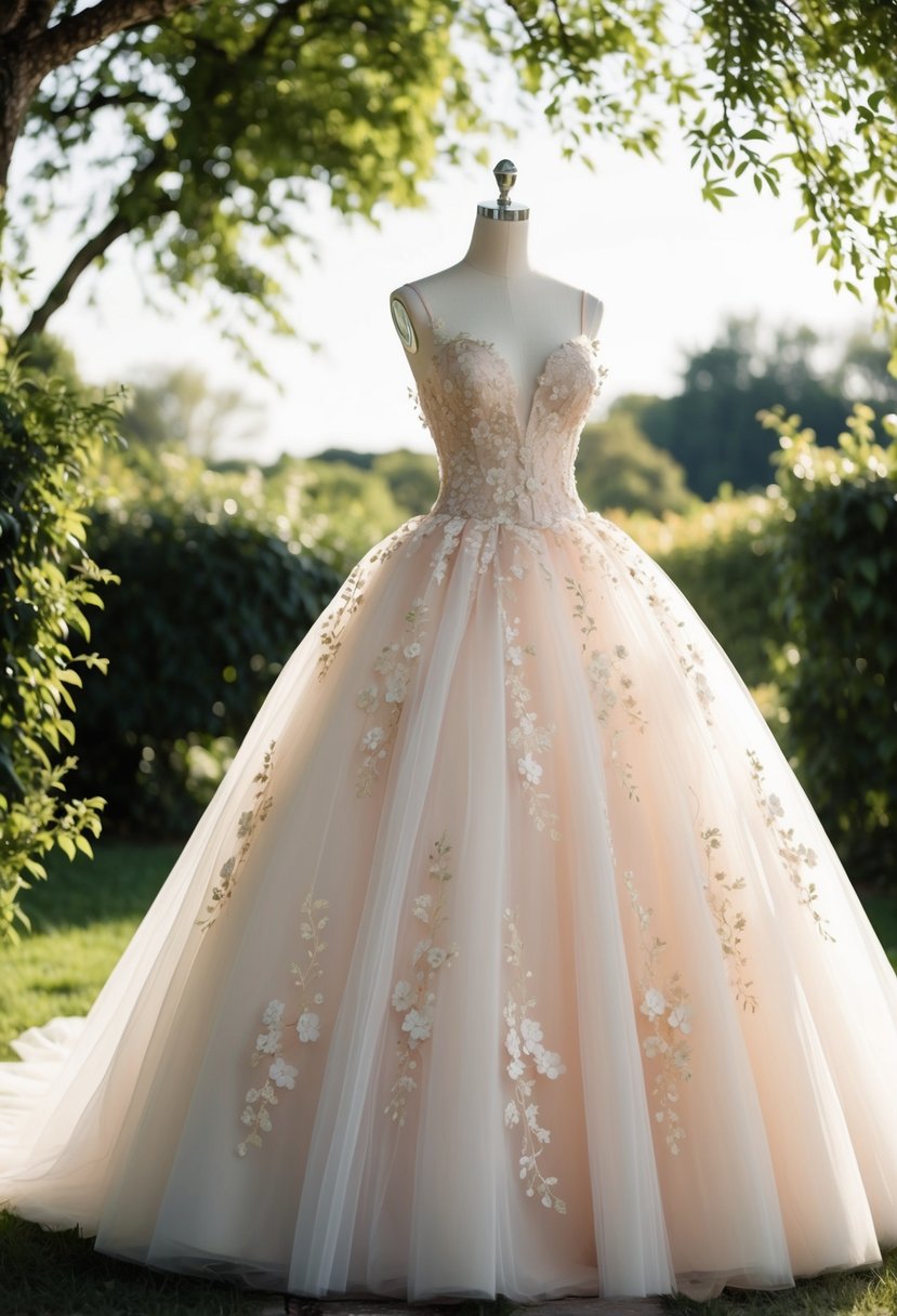 A delicate tulle ball gown adorned with intricate floral appliqués floats gracefully in a sun-dappled garden