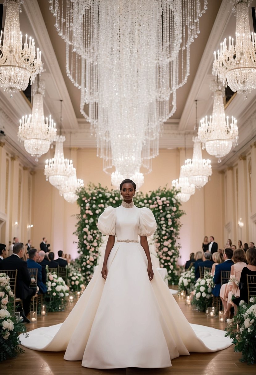 A grand ballroom with cascading chandeliers, a runway showcasing a high neck puff sleeve couture wedding dress, surrounded by floral arrangements