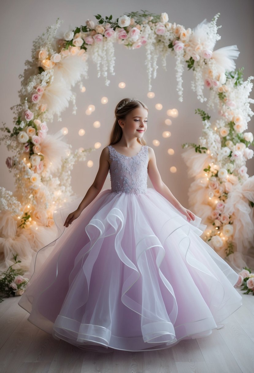 A young girl twirls in a voluminous organza ball gown, surrounded by delicate floral decorations and soft, ethereal lighting