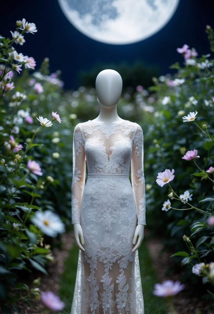 A figure in a sheer, long-sleeved lace gown stands in a moonlit garden, surrounded by delicate flowers and ethereal light