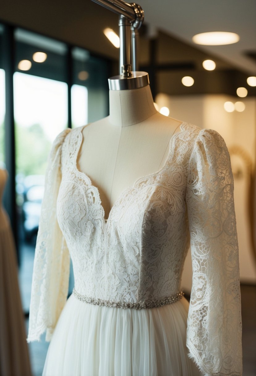 A lace bridal dress with puff sleeves hangs on a mannequin