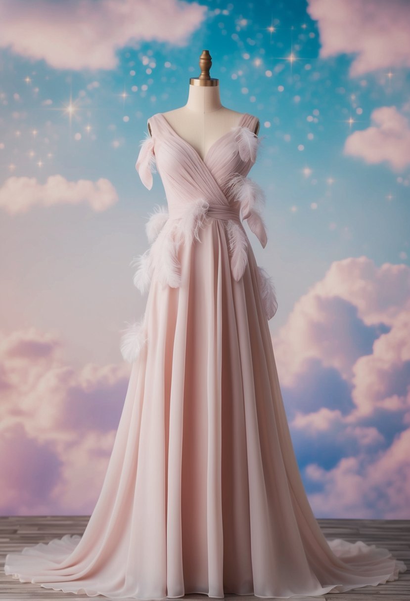 A flowing chiffon A-line dress adorned with delicate feathers, set against a dreamy, ethereal backdrop of soft, pastel-hued clouds and shimmering stars