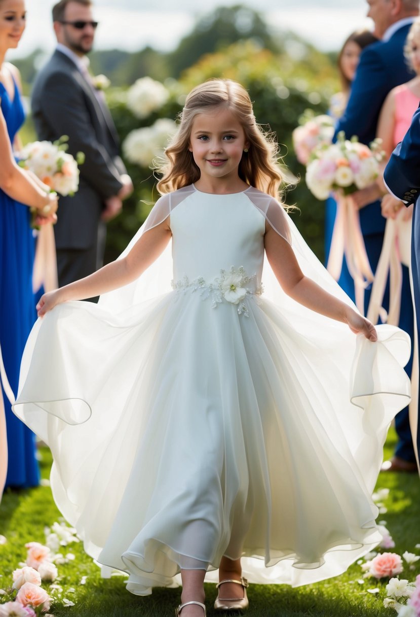 A young girl twirls in a chiffon cape sleeve dress, surrounded by flowers and ribbons at a wedding