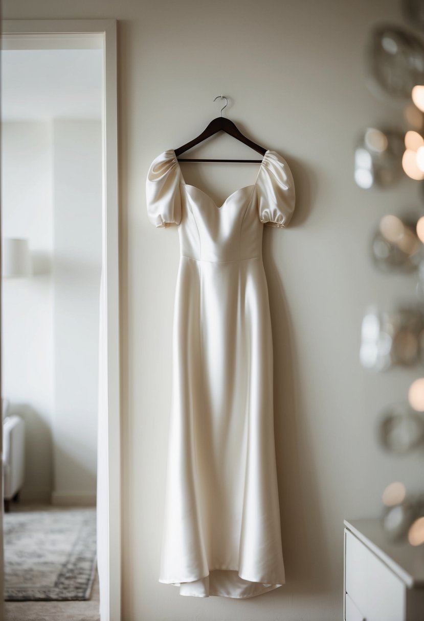 A minimalist silk wedding dress with puff detail sleeves hangs on a sleek modern hanger in a softly lit room