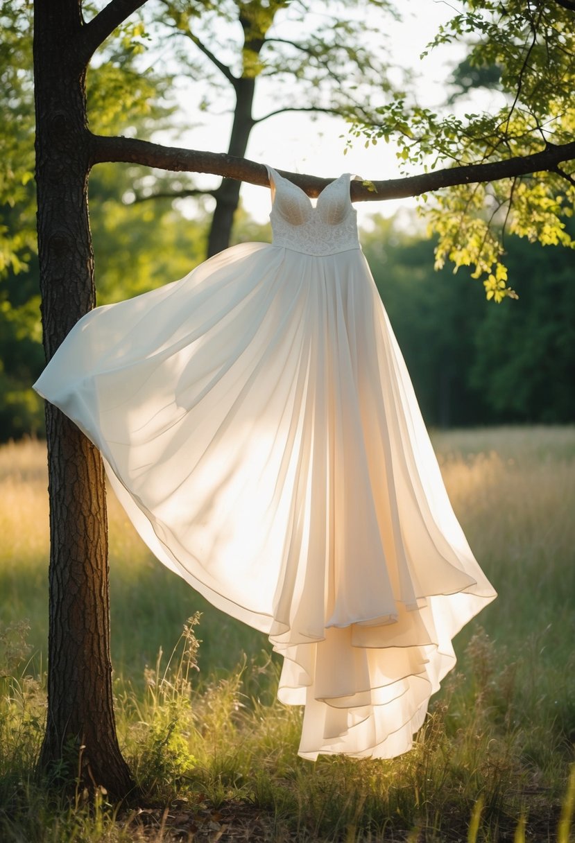 A chiffon gown billows in the wind, draped over a tree branch in a forest clearing. Sunlight filters through the fabric, casting a soft, ethereal glow