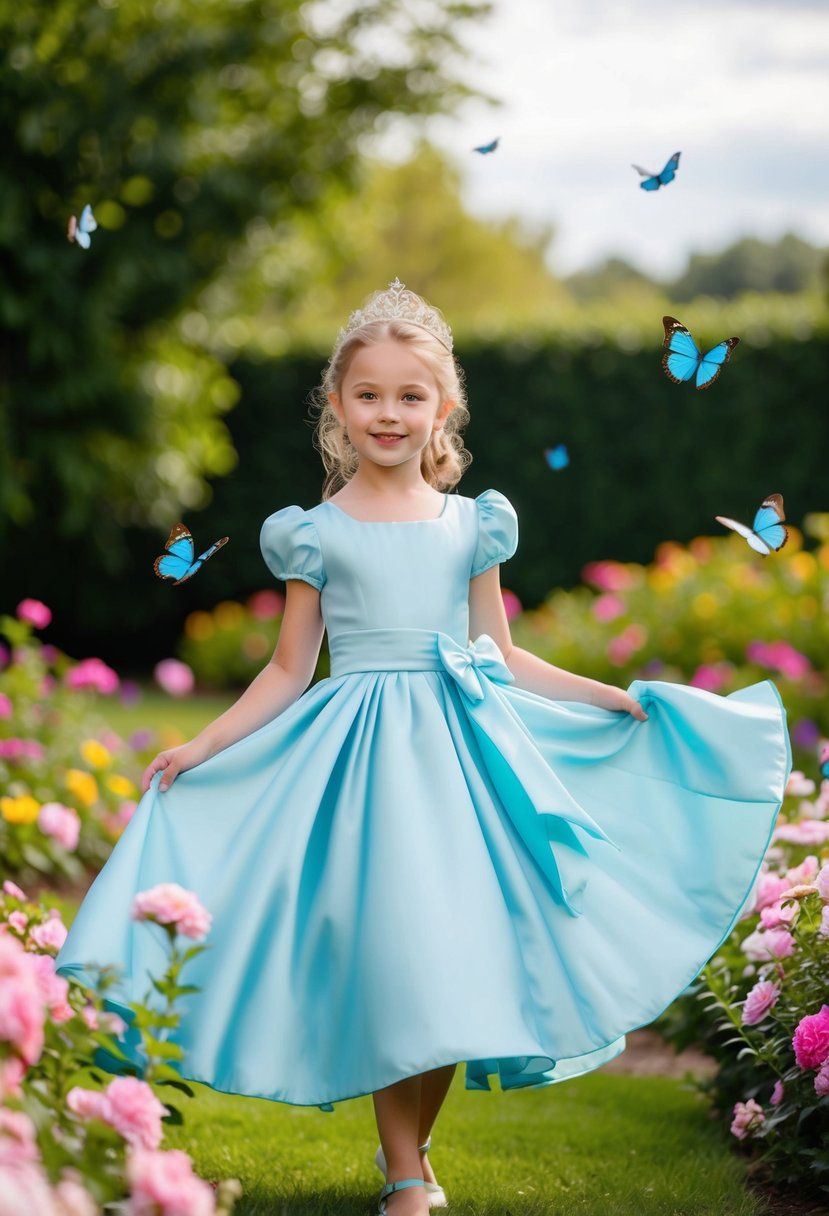 A young girl twirls in a flowing silk sash princess dress, surrounded by a garden of blooming flowers and fluttering butterflies