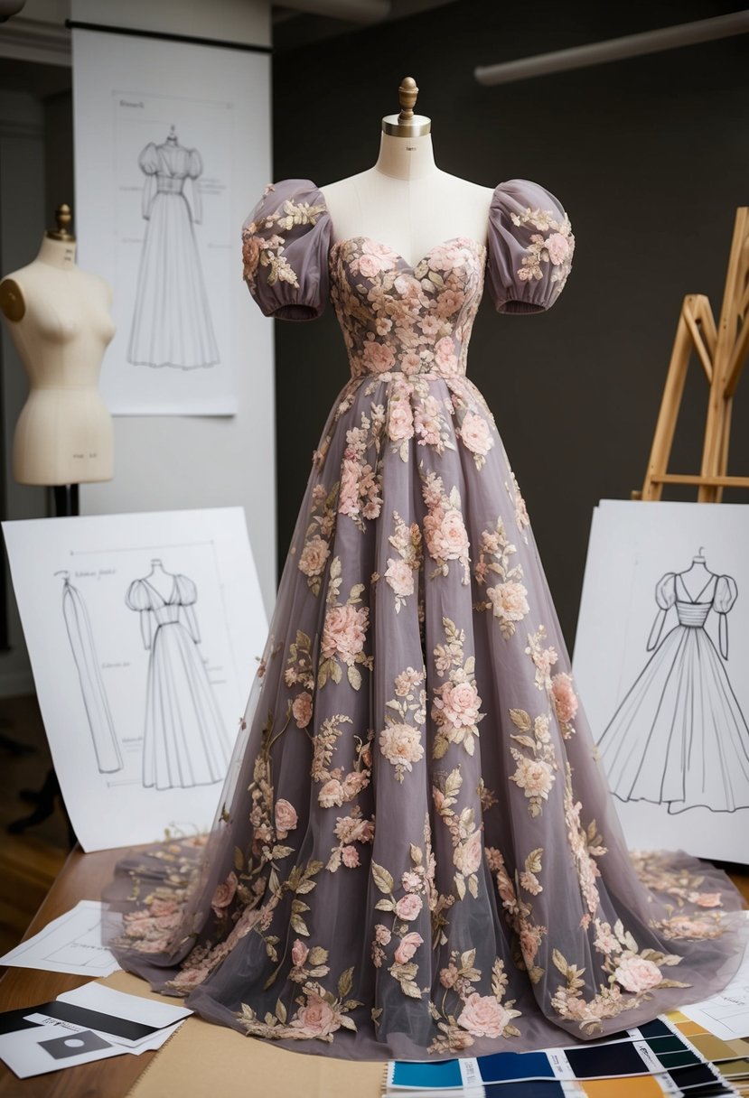 A floral embroidered puff sleeve gown displayed on a mannequin, surrounded by sketches and fabric swatches