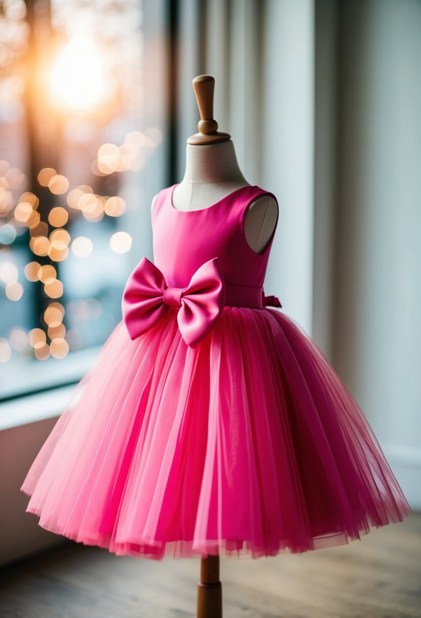 A pink tulle dress with a large bow, hanging on a child-sized mannequin