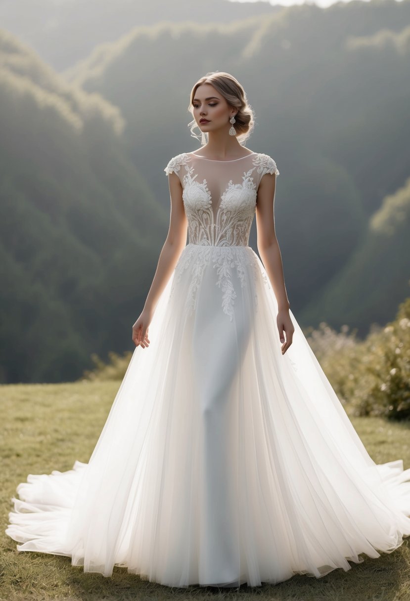 A flowing tulle wedding dress with delicate cap sleeves, adorned with intricate embroidery and a dreamy, ethereal aura