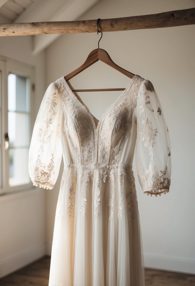 A bohemian-style puff sleeve wedding dress, adorned with intricate lace and delicate embroidery, hangs from a rustic wooden hanger in a sunlit, airy room