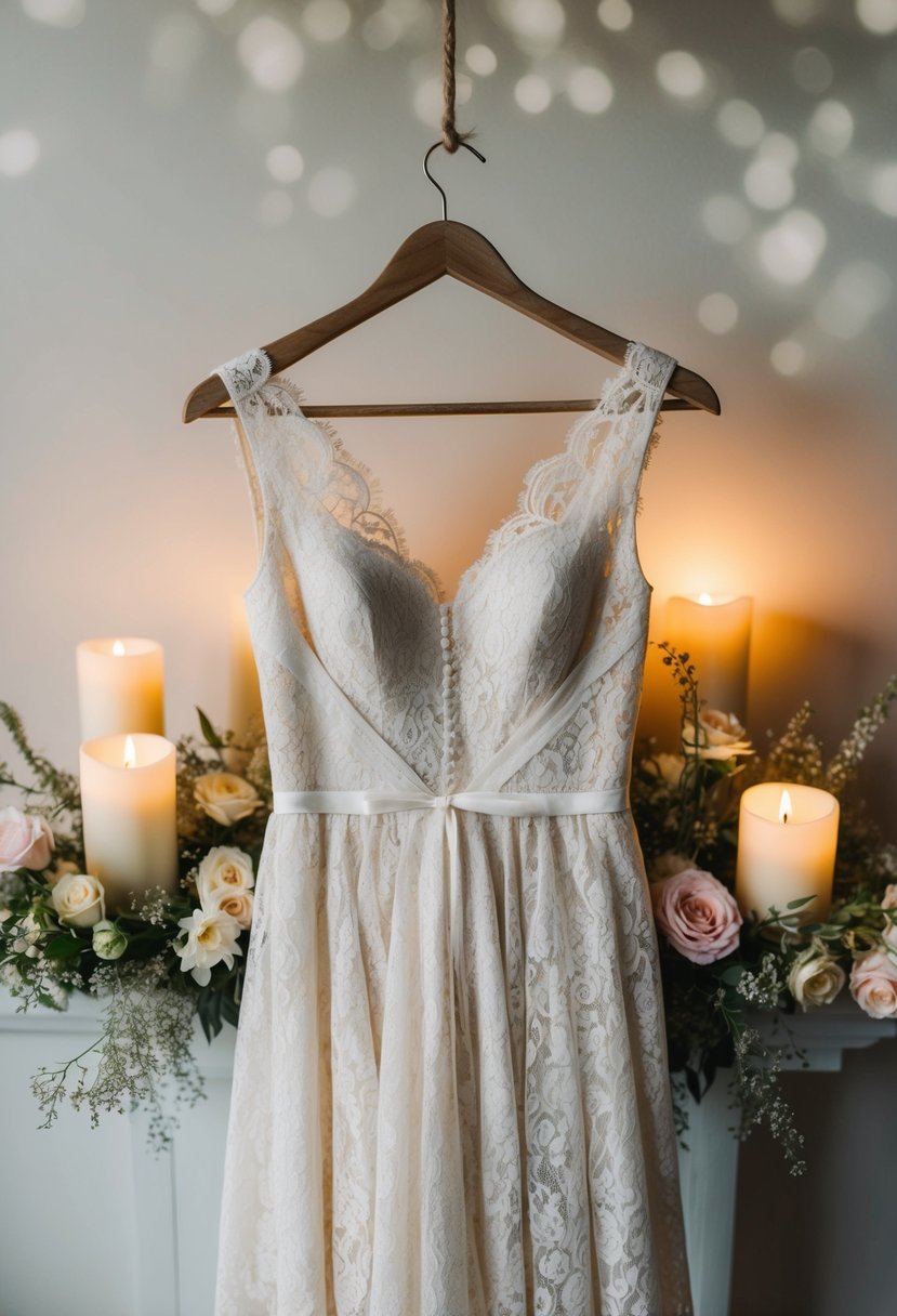 A lace dress with vintage inspiration hangs on a rustic wooden hanger, surrounded by delicate floral arrangements and soft candlelight