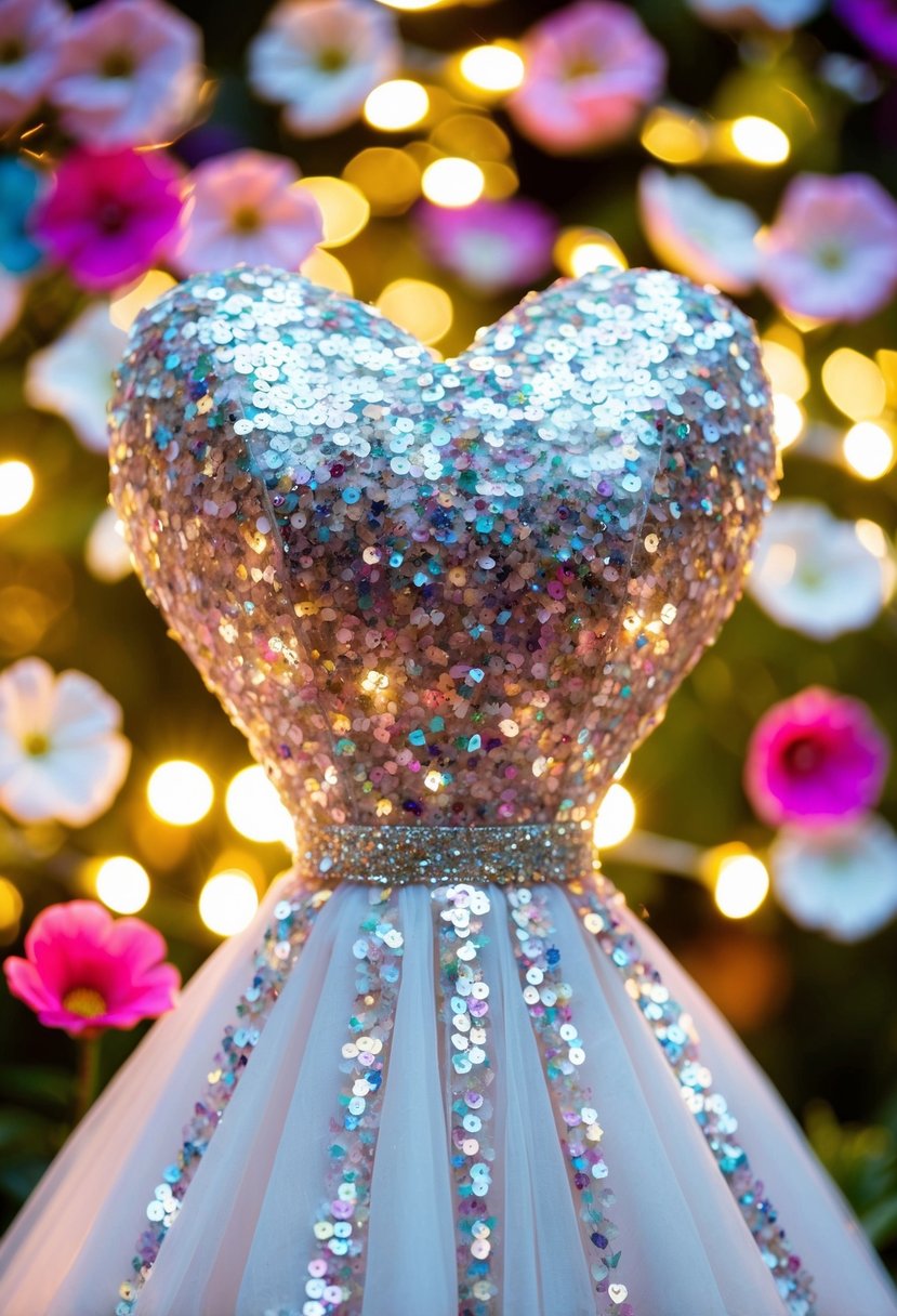 A sparkling heart-cut dress with sequins, surrounded by colorful flower petals and twinkling lights