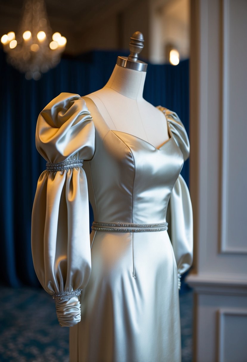 A structured satin puff sleeve gown drapes elegantly on a mannequin, showcasing puffy sleeves and intricate detailing