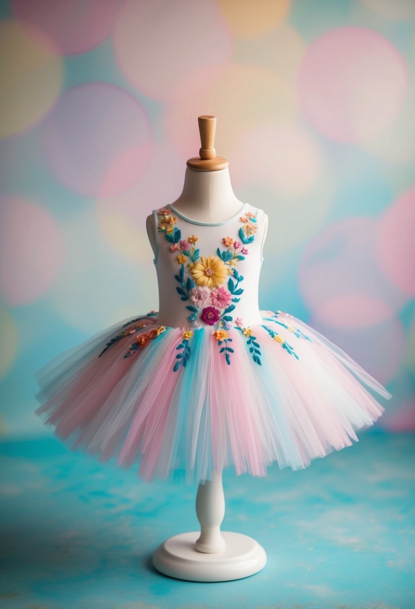 A whimsical tutu dress adorned with colorful floral embroidery, set against a soft, dreamy background of pastel hues