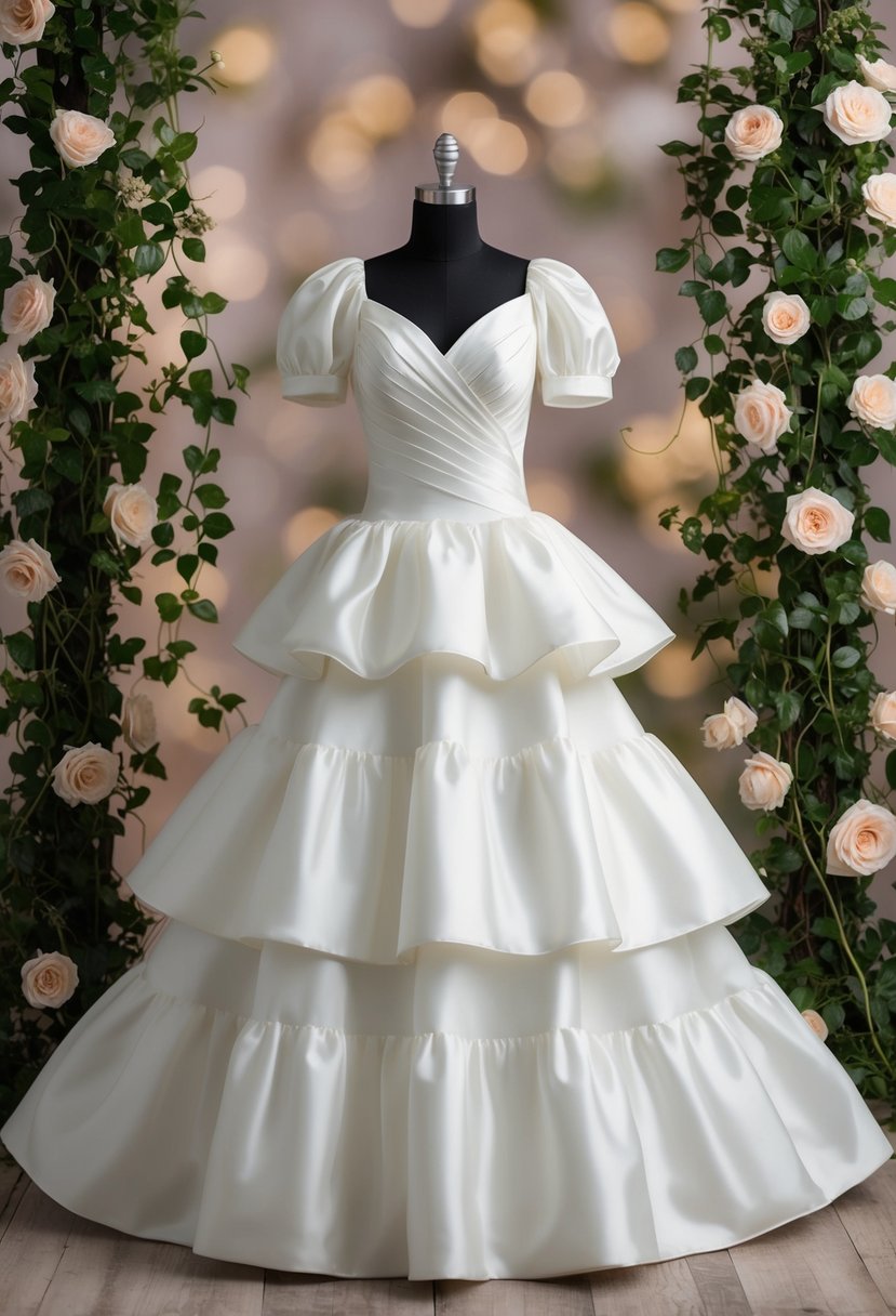 A tiered skirt wedding dress with puff sleeves, set against a backdrop of blooming roses and trailing vines