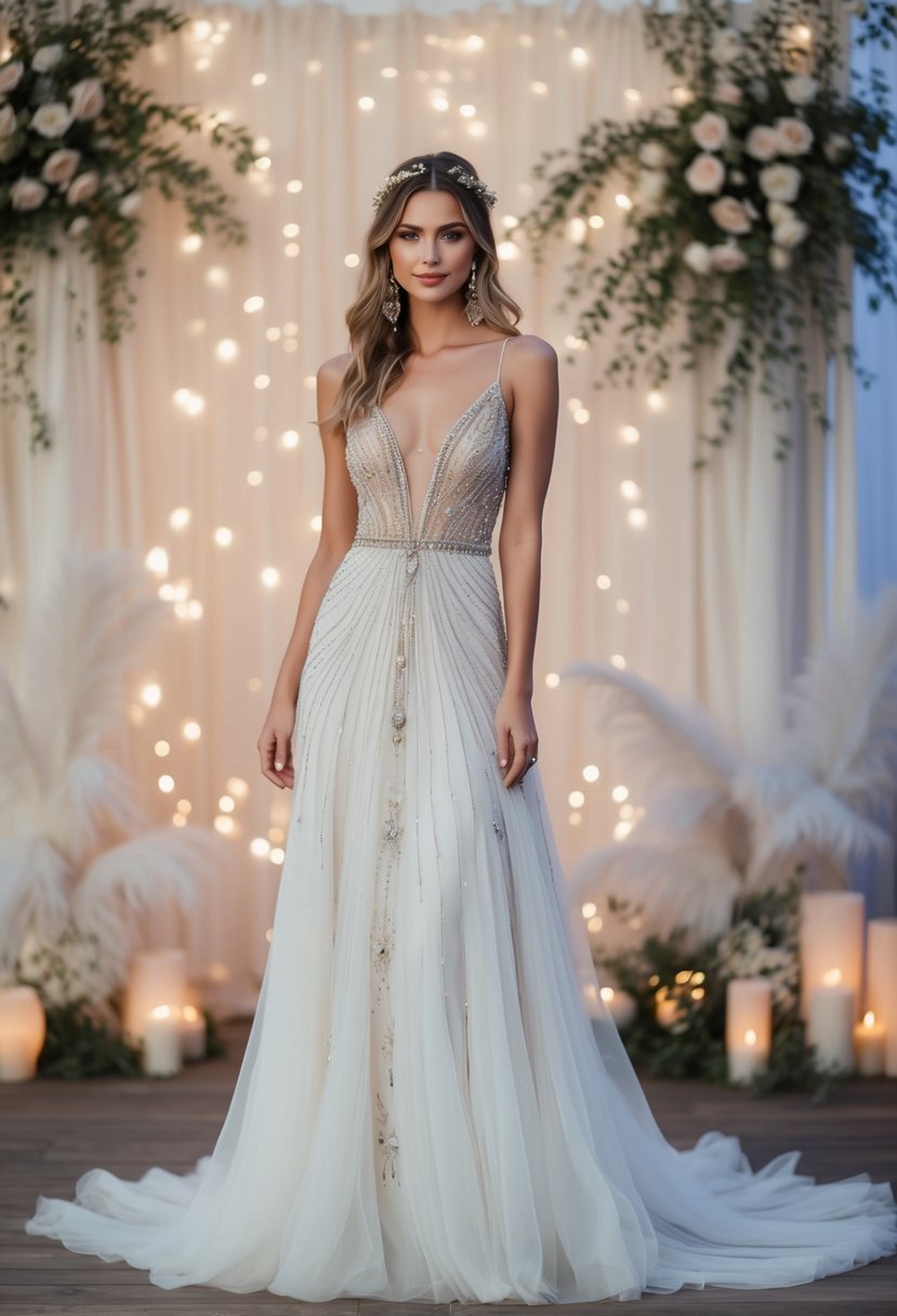 A flowing boho-inspired gown adorned with intricate beading, set against a backdrop of dreamy, ethereal wedding decor