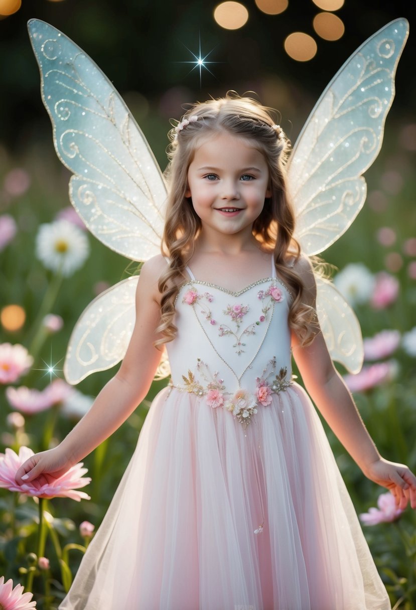 A young girl in a flowing fairy-inspired dress with delicate wings, surrounded by whimsical flowers and sparkles