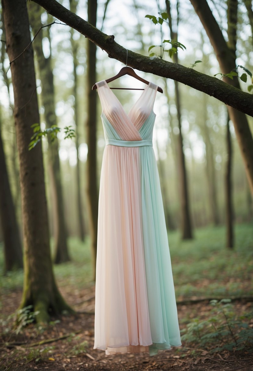 A flowing, pastel-colored A-line dress hangs from a tree branch in a dreamy, ethereal forest setting