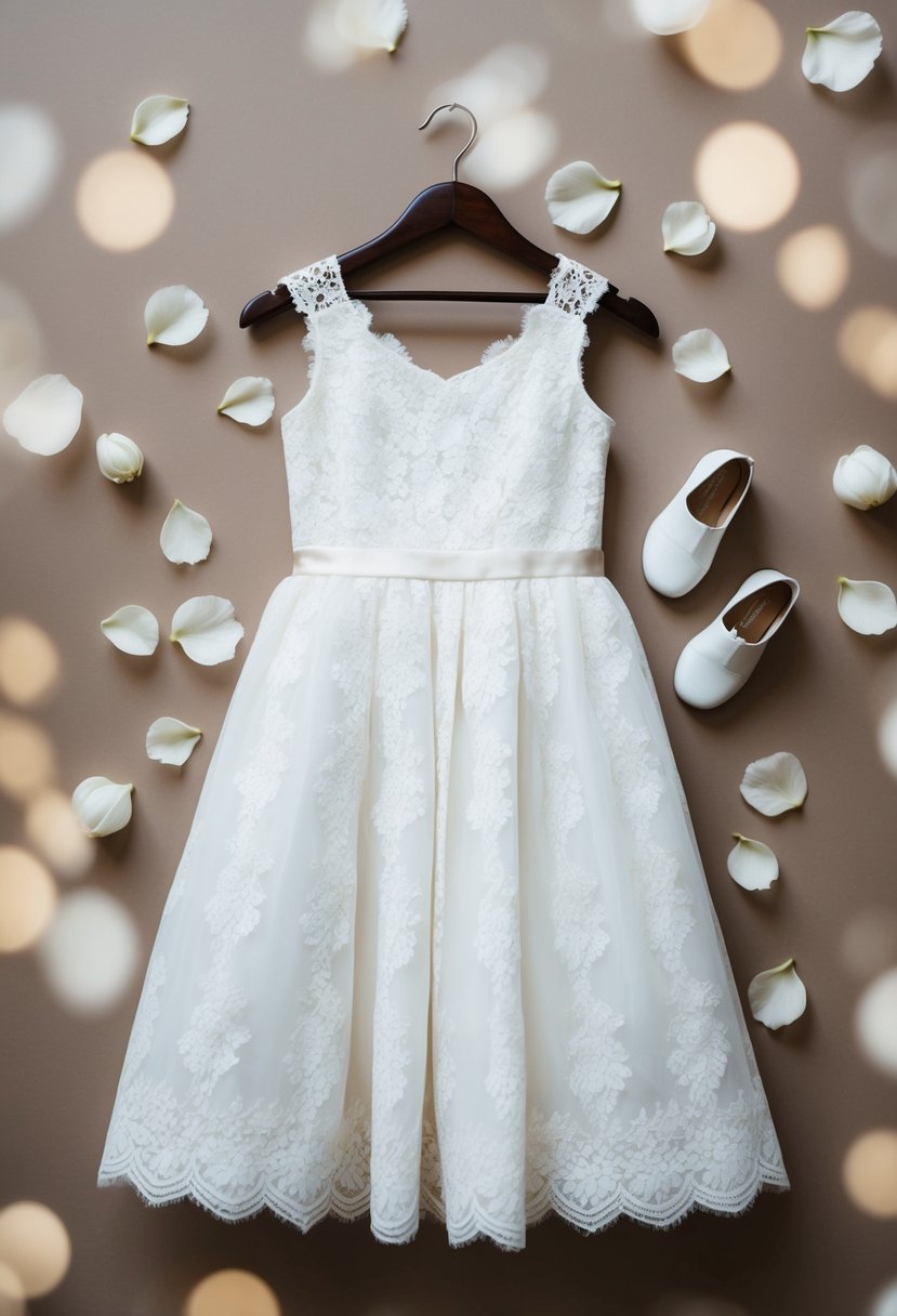 A tea-length white lace dress on a hanger, surrounded by delicate flower petals and a small pair of white shoes