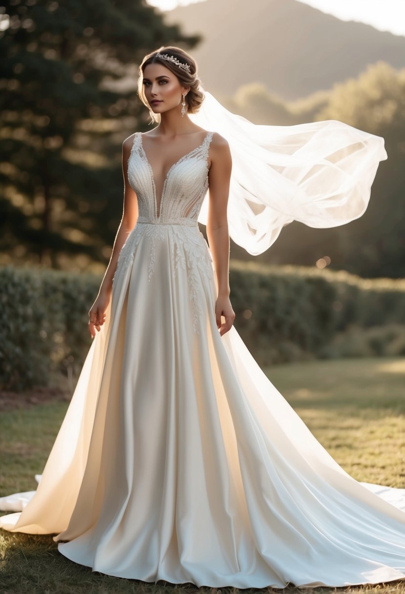 A flowing silk wedding dress adorned with ethereal draping, inspired by goddesses