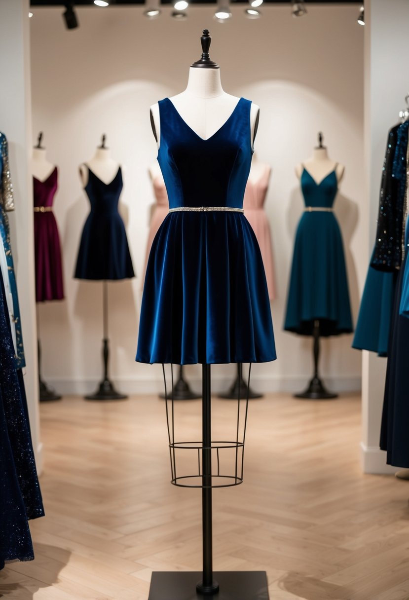 A navy blue velvet dress displayed on a mannequin in a softly lit boutique setting