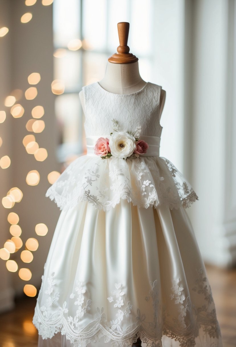 A white satin and lace overlay dress with delicate floral details, perfect for a kids' wedding attire