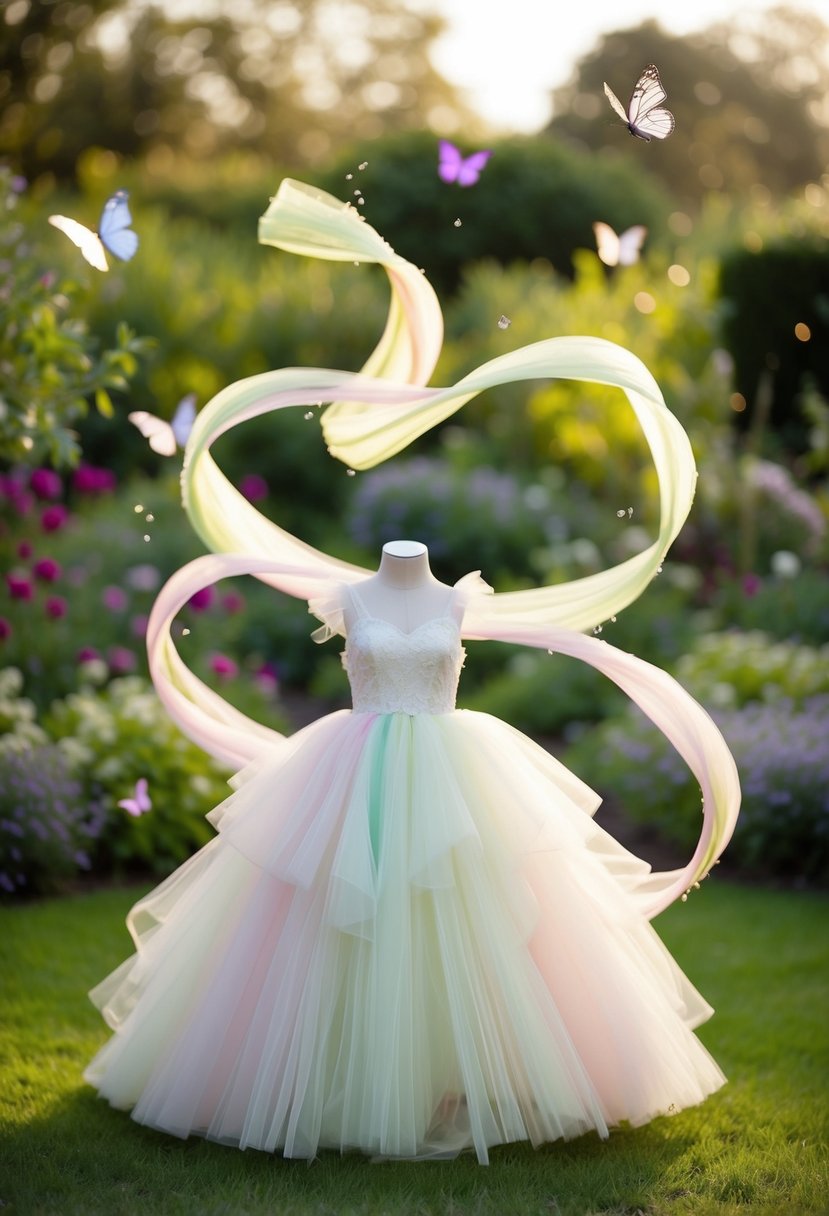 A garden glows with soft, pastel tulle layers swirling around a delicate fairy-inspired wedding dress. Dew-kissed flowers and butterflies dance in the air