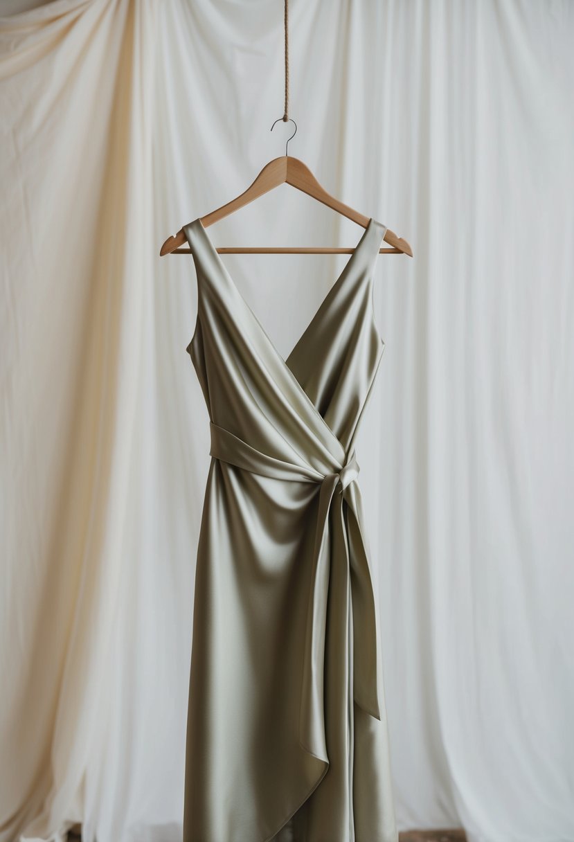 A soft, flowing satin wrap dress hangs on a simple wooden hanger against a backdrop of pale, airy fabric