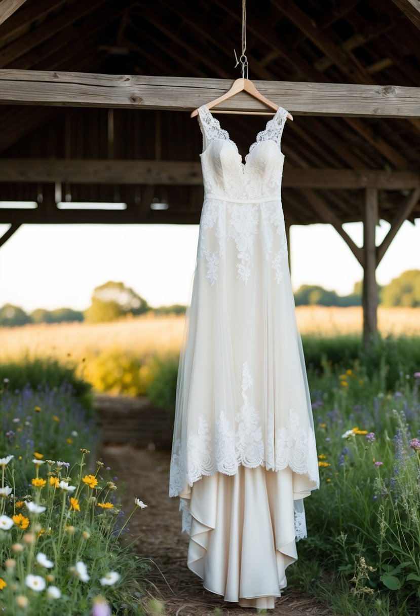 A rustic barn setting with wildflowers and a flowing, lace-trimmed wedding dress hanging from a wooden beam